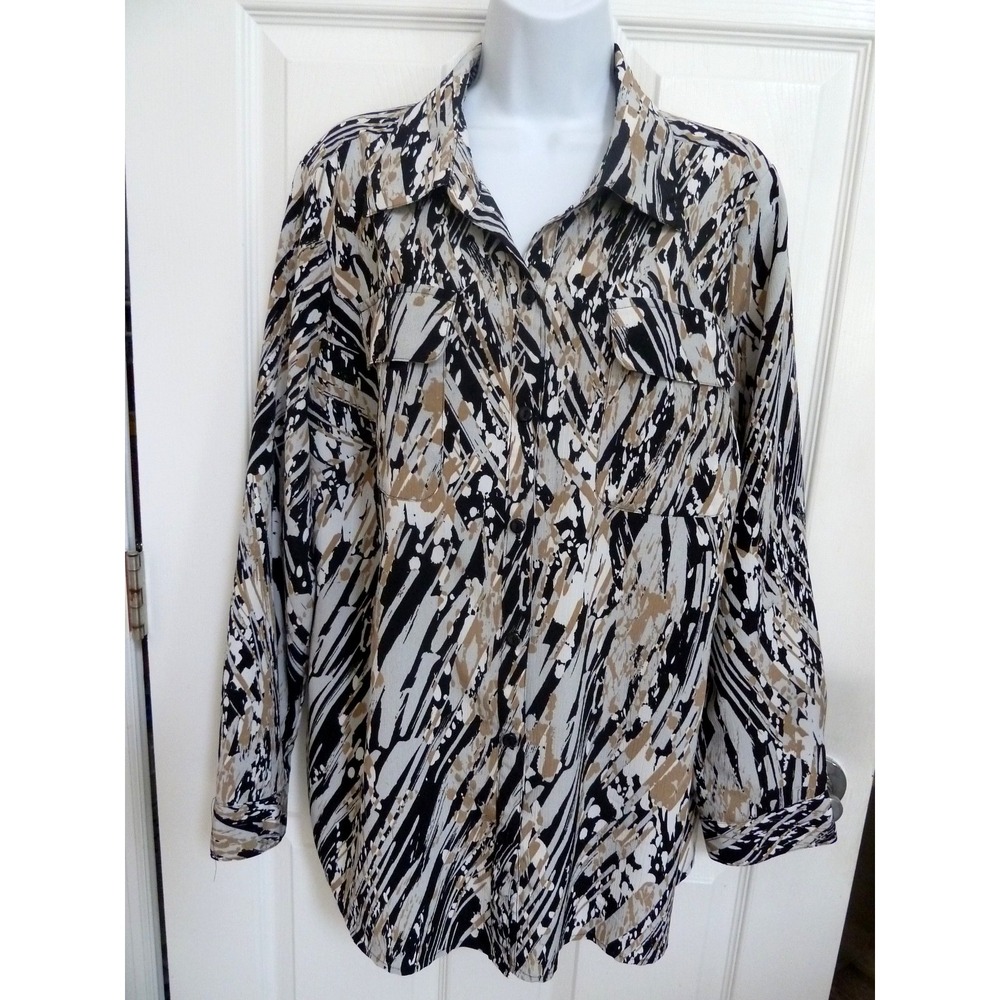 Kim Rogers Curvy 2X Abstract Blouse Roll Tab Sleeve Career Office Black Beige
